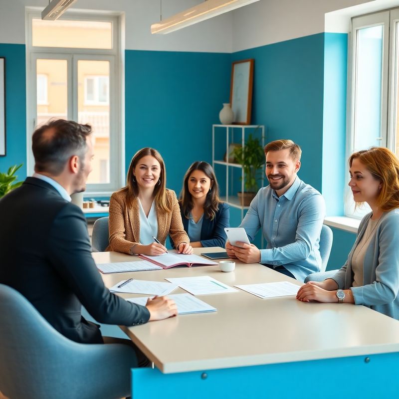 Equipo de consultores en una oficina de Granada trabajando alrededor de una mesa