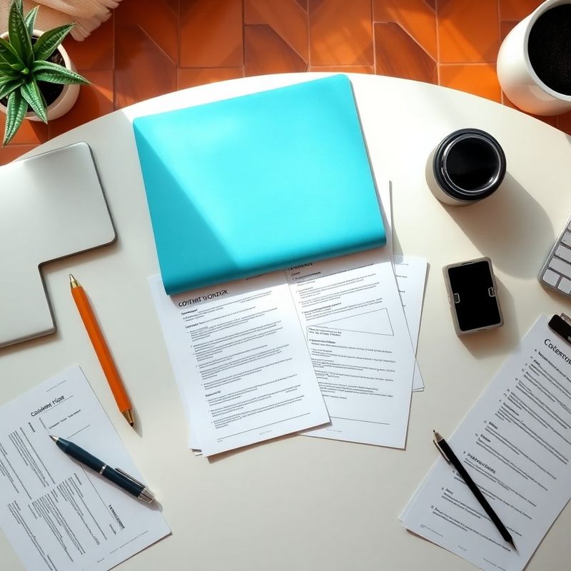 Mesa de trabajo con documentos editoriales y herramientas de contenido